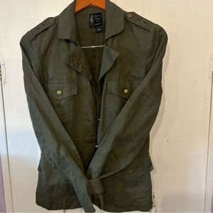 Women's 100%linen army green jacket button up